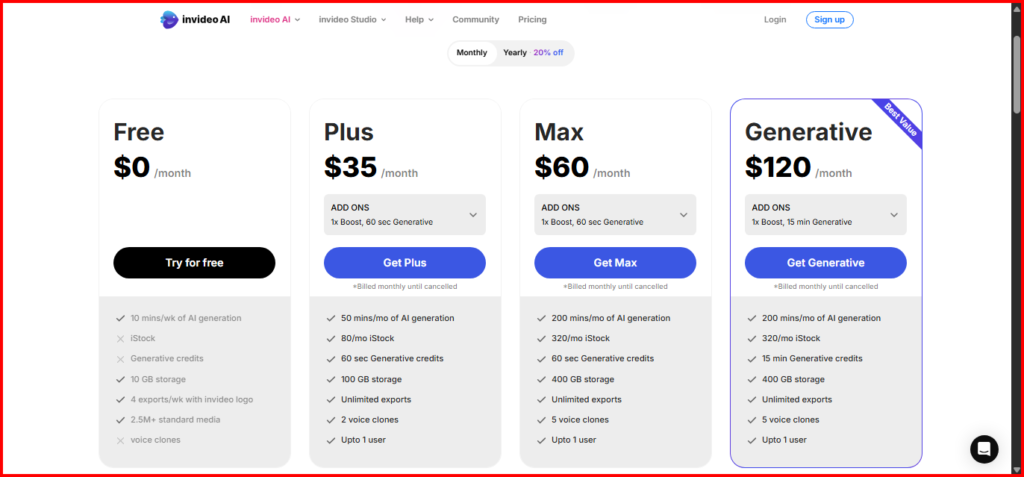 Pricing Plans invideo
